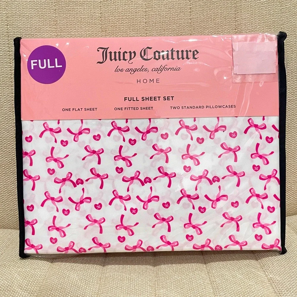 NEW Juicy Couture Full Sheet Set Pink White Bow Heart Print 4 Piece Bedding